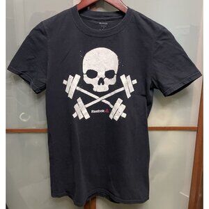 Reebok Black & White Graphic Skull Barbells Print Gym Athletic T-Shirt Tee Sz S